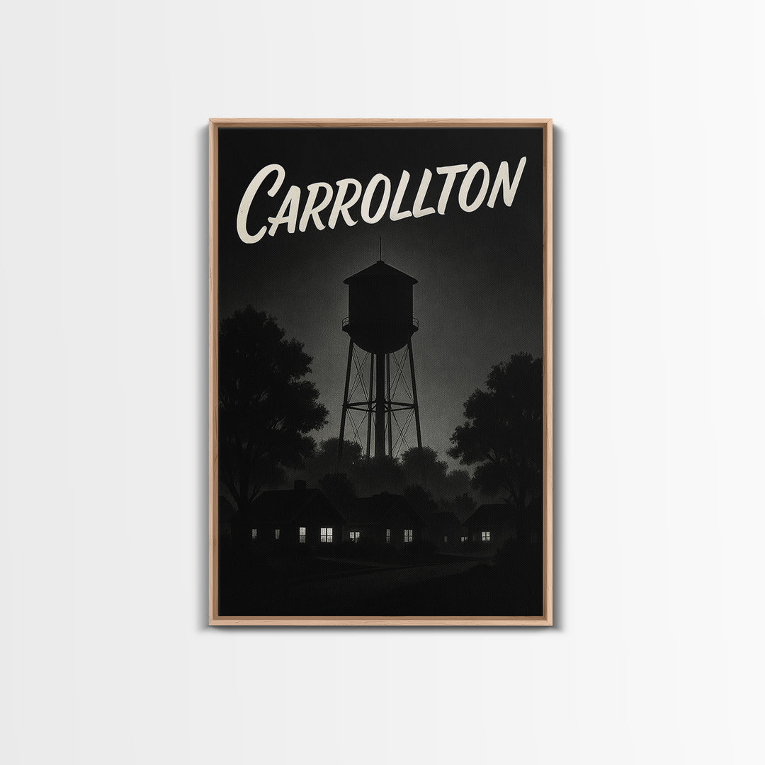 Carrollton Travel Poster, Framed Canvas Print, Vintage Noir Poster Art, Carrollton Wall Art, City Illustration, Vintage City Art