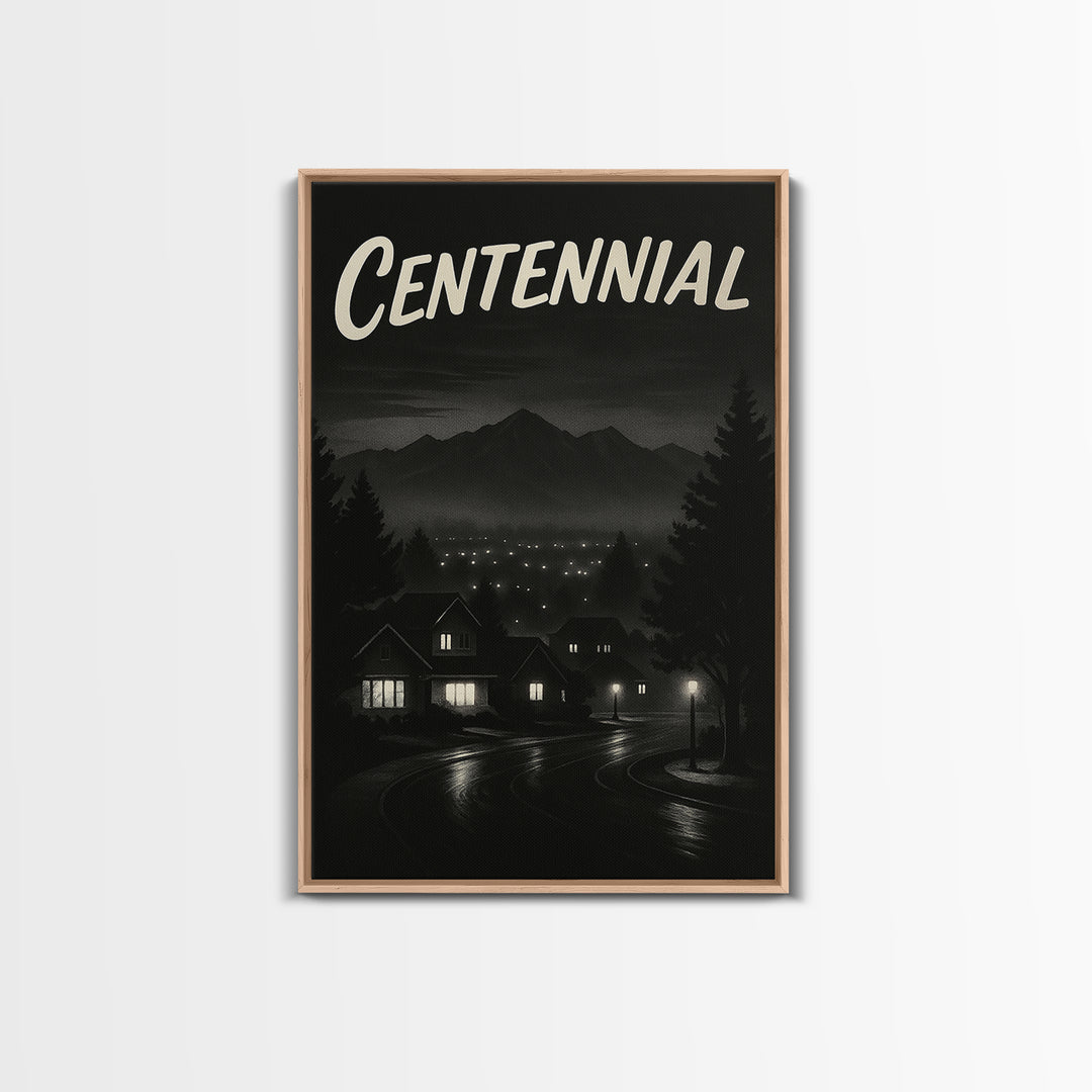 Centennial Travel Poster, Framed Canvas Print, Night Street Poster Art, Centennial Art Print, Travel Poster Art, Watercolor Downtown Skyline