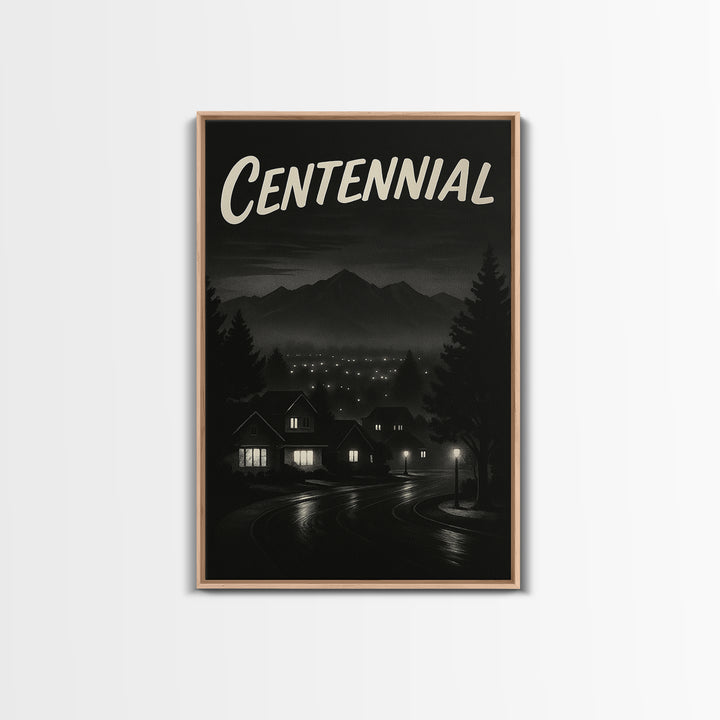 Centennial Travel Poster, Framed Canvas Print, Night Street Poster Art, Centennial Art Print, Travel Poster Art, Watercolor Downtown Skyline