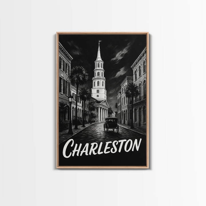 Charleston Travel Poster, Canvas Print, Black And White Travel Art, Charleston City Art, Travel Wall Decor, Watercolor Skyline Art