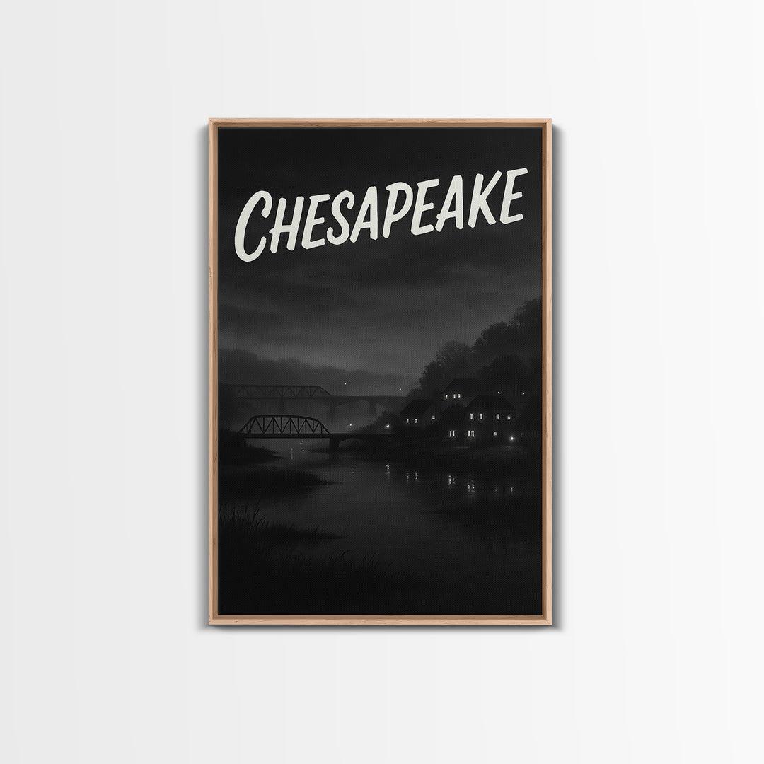 Chesapeake Travel Poster, Framed Canvas Print, Black And White Travel Art, Chesapeake Travel Art, City Illustration, Travel Poster Set