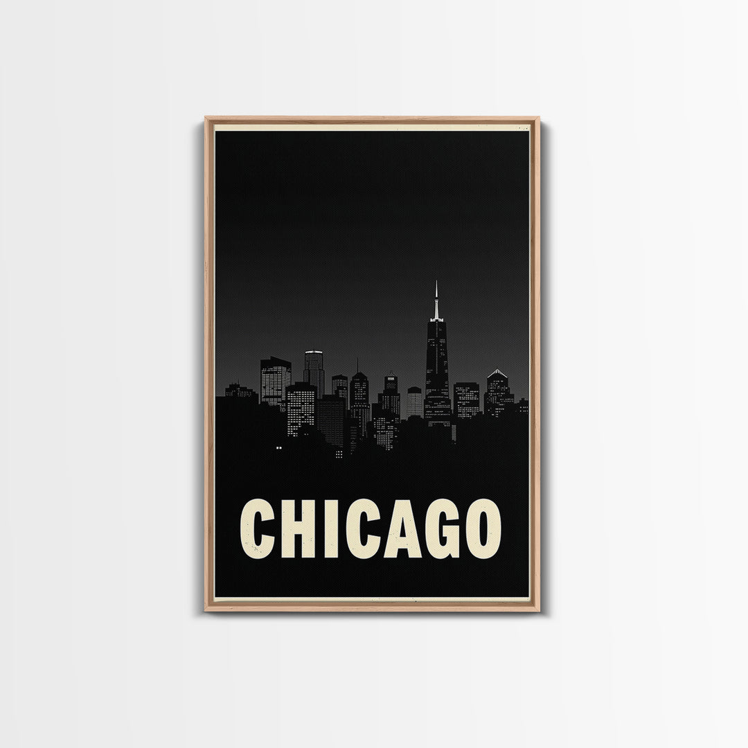 Chicago Illinois Travel Poster, Framed Canvas Print, Night Street Poster Art, Chicago Art Print, Vintage Travel Print, Travel Poster Art