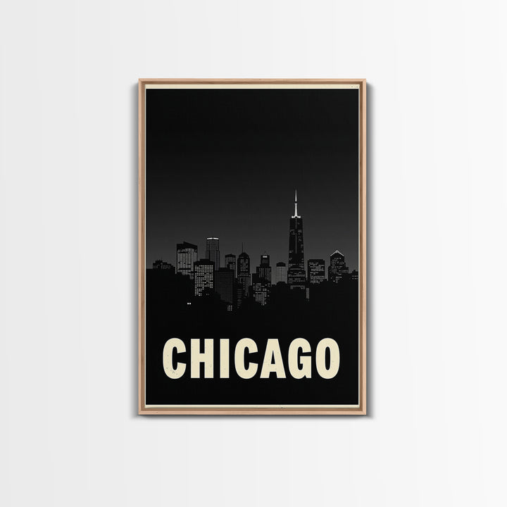 Chicago Illinois Travel Poster, Framed Canvas Print, Night Street Poster Art, Chicago Art Print, Vintage Travel Print, Travel Poster Art