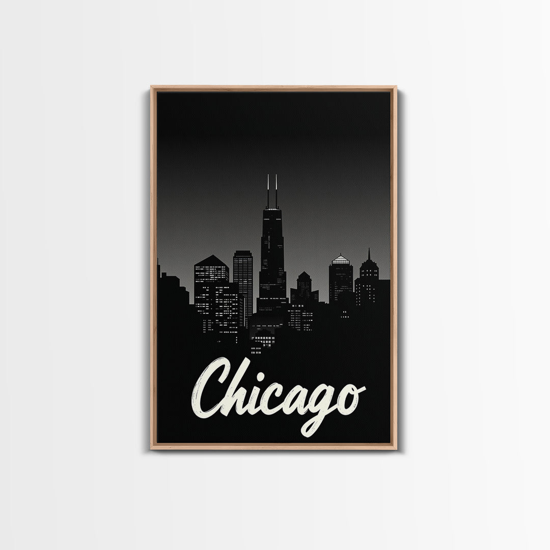 Chicago Travel Poster, Framed Canvas Print, Black And White Travel Art, Chicago City Art, City Illustration, Living Room Wall Art