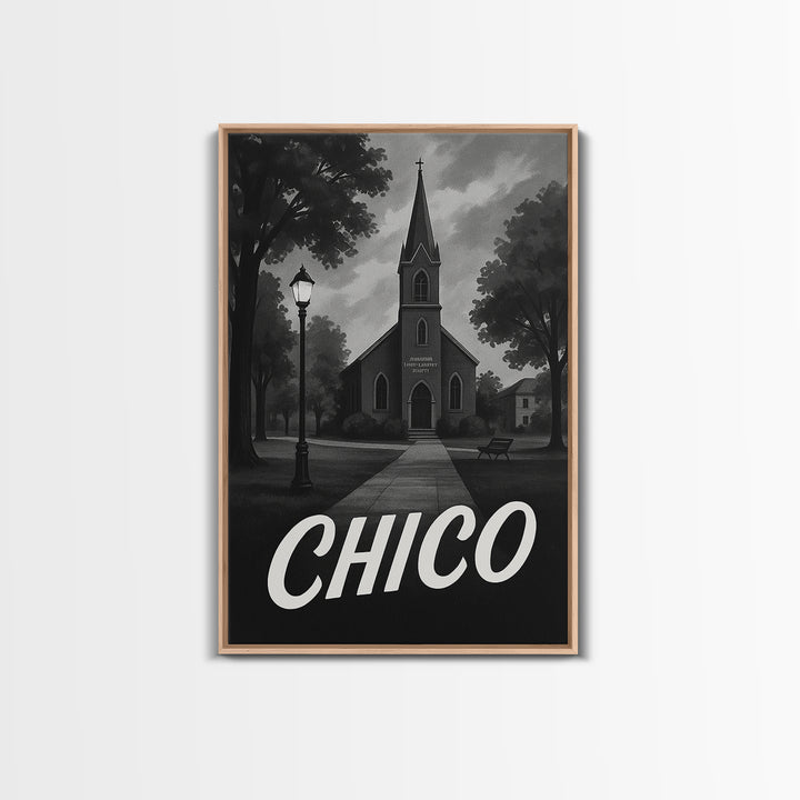Chico Travel Poster, Canvas Print, Dark Moody City Wall Art, Chico Travel Art, City Travel Prints, Eclectic Wall Decor, Travel Wall Art