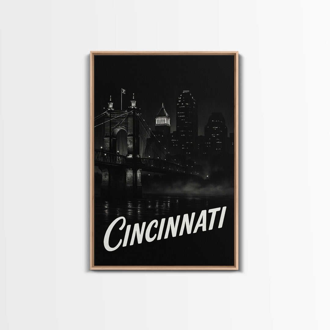 Cincinnati Travel Poster, Framed Canvas Print, Black And White Travel Art, Cincinnati Wall Art, Fine Art Print, Travel Poster Set