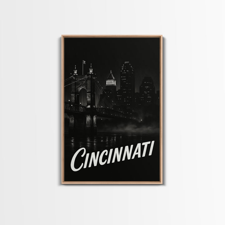 Cincinnati Travel Poster, Framed Canvas Print, Black And White Travel Art, Cincinnati Wall Art, Fine Art Print, Travel Poster Set