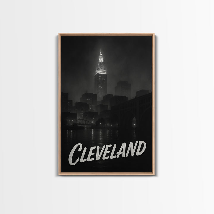 Cleveland Ohio Travel Poster, Framed Canvas Print, Dark Moody City Wall Art, Cleveland Travel Art, Travel Wall Decor, City Travel Prints