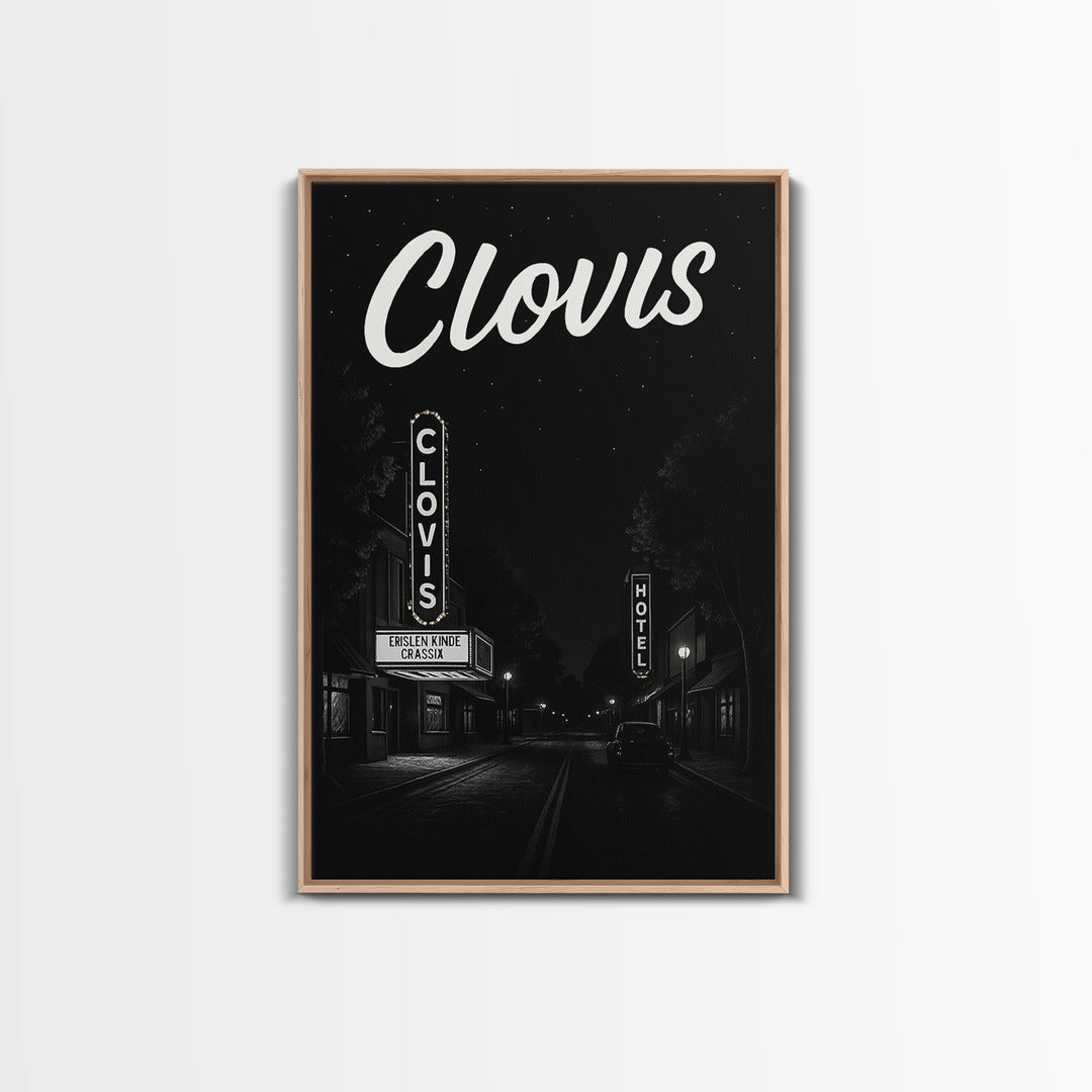 Clovis Travel Poster, Framed Canvas Print, Dark Moody City Wall Art, Clovis Poster Print, Vintage Travel Print, City Travel Prints