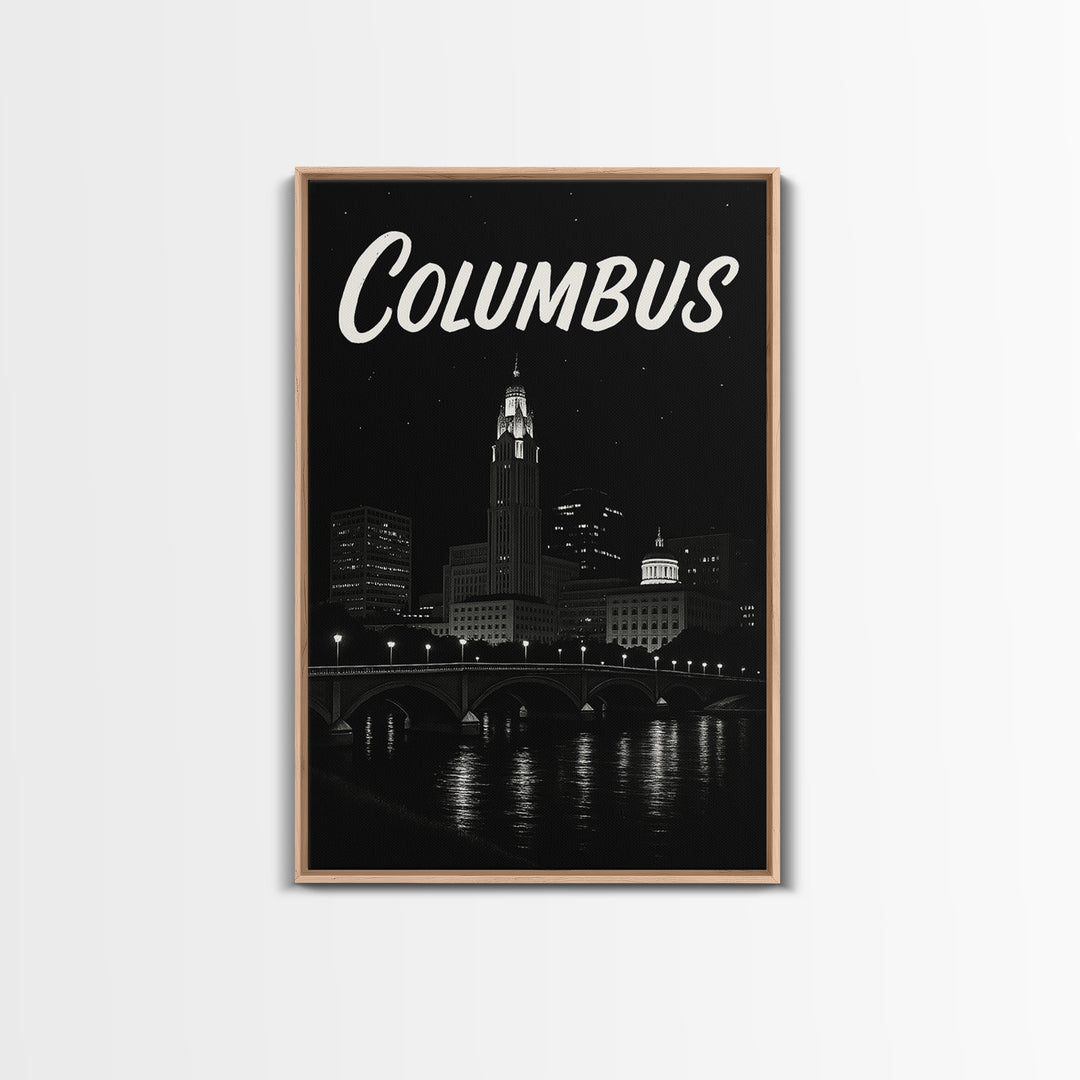 Columbus Travel Poster, Framed Canvas Print, Dark Moody City Wall Art, Columbus Travel Art, Travel Poster Art, Travel Poster Set