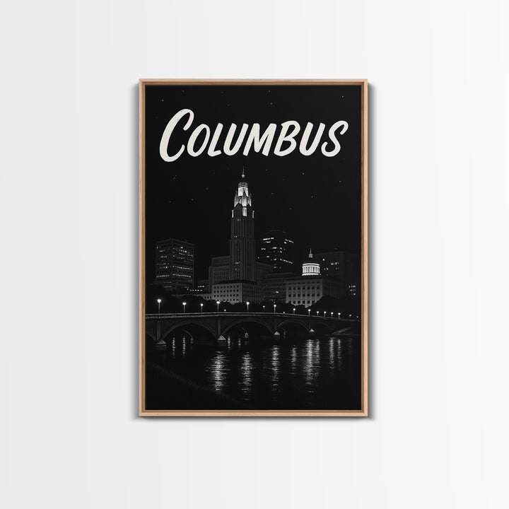 Columbus Travel Poster, Framed Canvas Print, Dark Moody City Wall Art, Columbus Travel Art, Travel Poster Art, Travel Poster Set