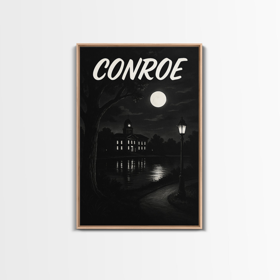 Conroe Travel Poster, Canvas Print, Dark Moody City Wall Art, Conroe Travel Art, Travel Art Print, City Illustration, Vintage Travel Print