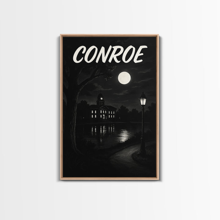 Conroe Travel Poster, Canvas Print, Dark Moody City Wall Art, Conroe Travel Art, Travel Art Print, City Illustration, Vintage Travel Print