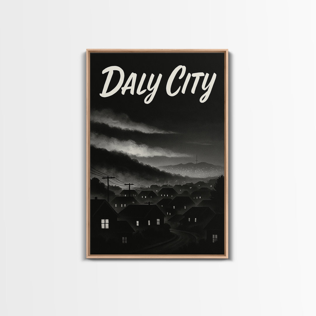 Daly City Travel Poster, Framed Canvas Print, Vintage Noir Poster Art, Daly City Art Print, Travel Poster Art, City Illustration