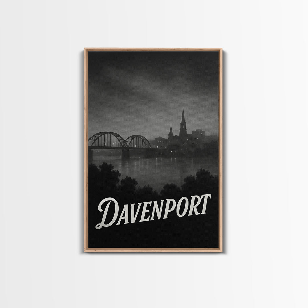 Davenport Iowa Travel Poster, Canvas Print, Night Street Poster Art, Davenport City Art, Travel Art Print, Vintage Travel Print, Travel Gift