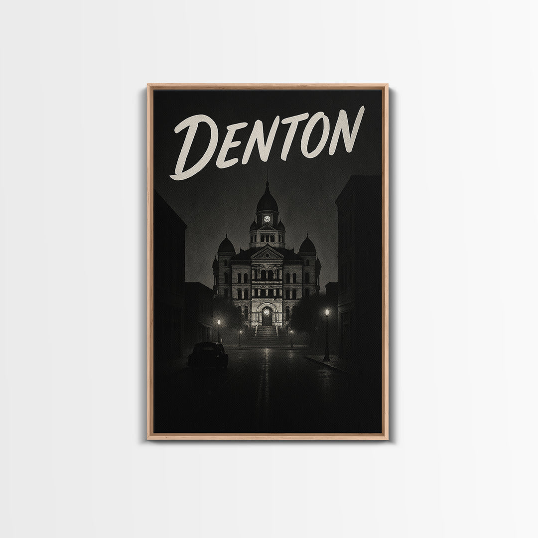 Denton Texas Travel Poster, Framed Canvas Print, Black And White Travel Art, Denton Art Print, Modern Wall Decor, City Travel Prints