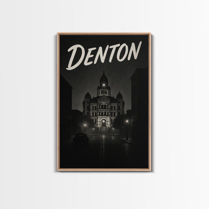 Denton Texas Travel Poster, Framed Canvas Print, Black And White Travel Art, Denton Art Print, Modern Wall Decor, City Travel Prints