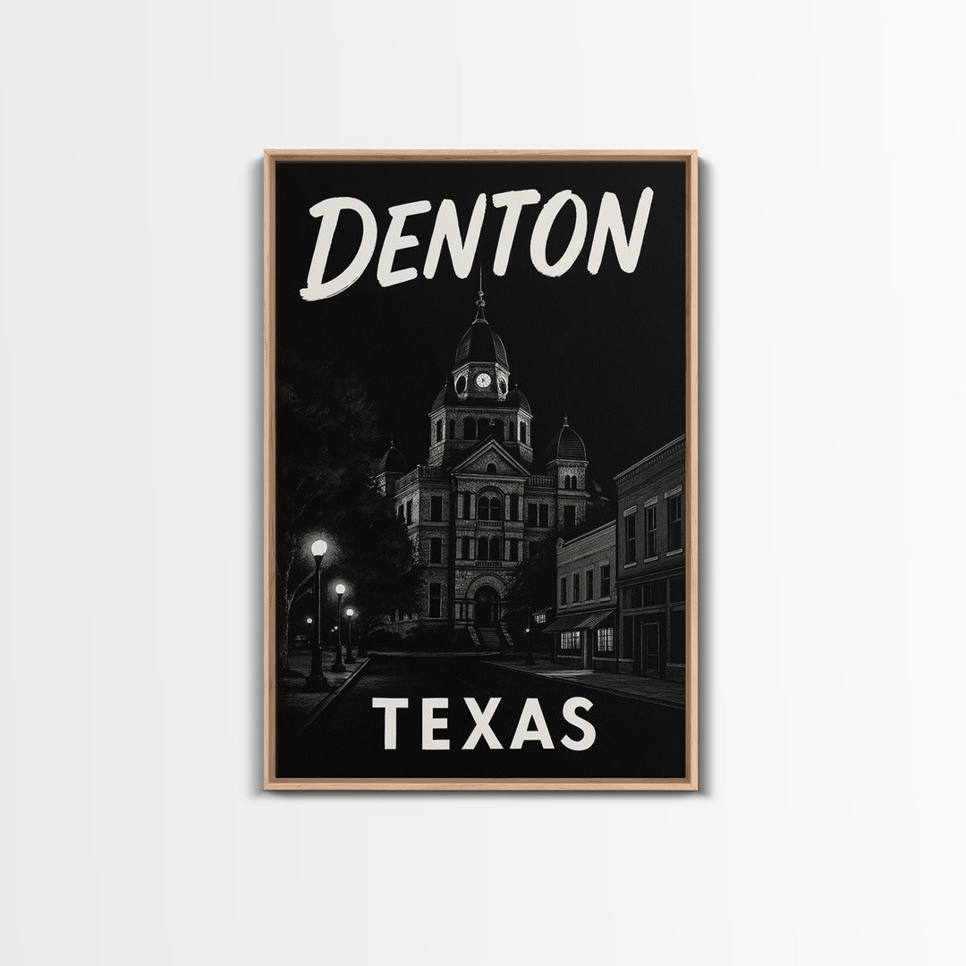 Denton Travel Poster, Framed Canvas Print, Dark Moody City Wall Art, Denton Poster Print, Gift For Travelers, Vintage Travel Art