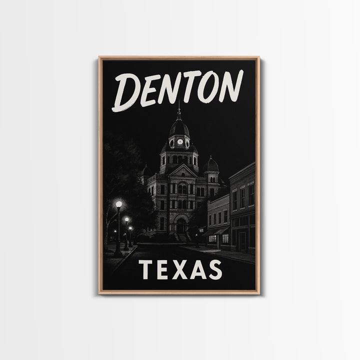 Denton Travel Poster, Framed Canvas Print, Dark Moody City Wall Art, Denton Poster Print, Gift For Travelers, Vintage Travel Art