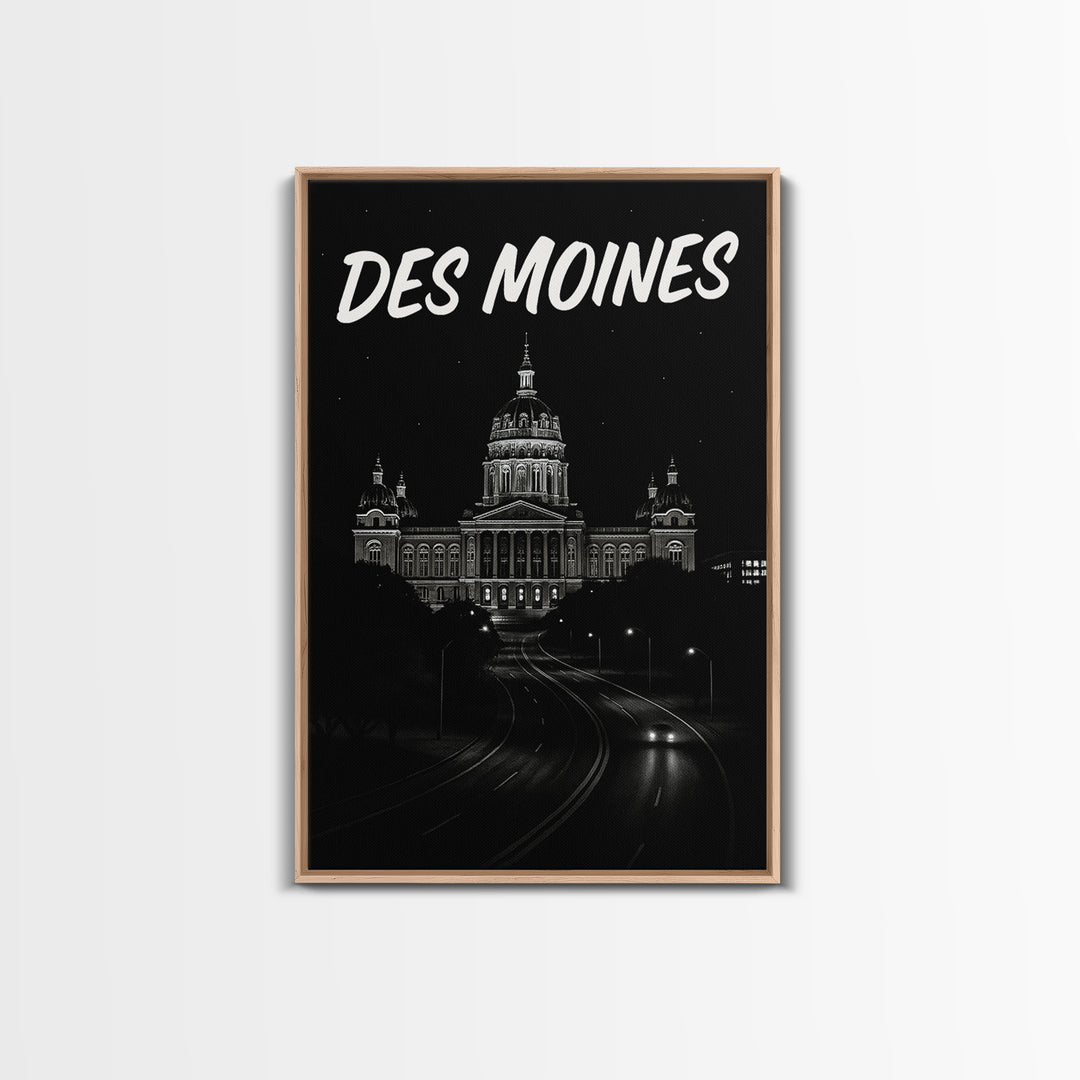Des Moines Travel Poster, Canvas Print, Black And White Travel Art, Des Moines Wall Art, Travel Art Print, Gift For Travelers, Design 2
