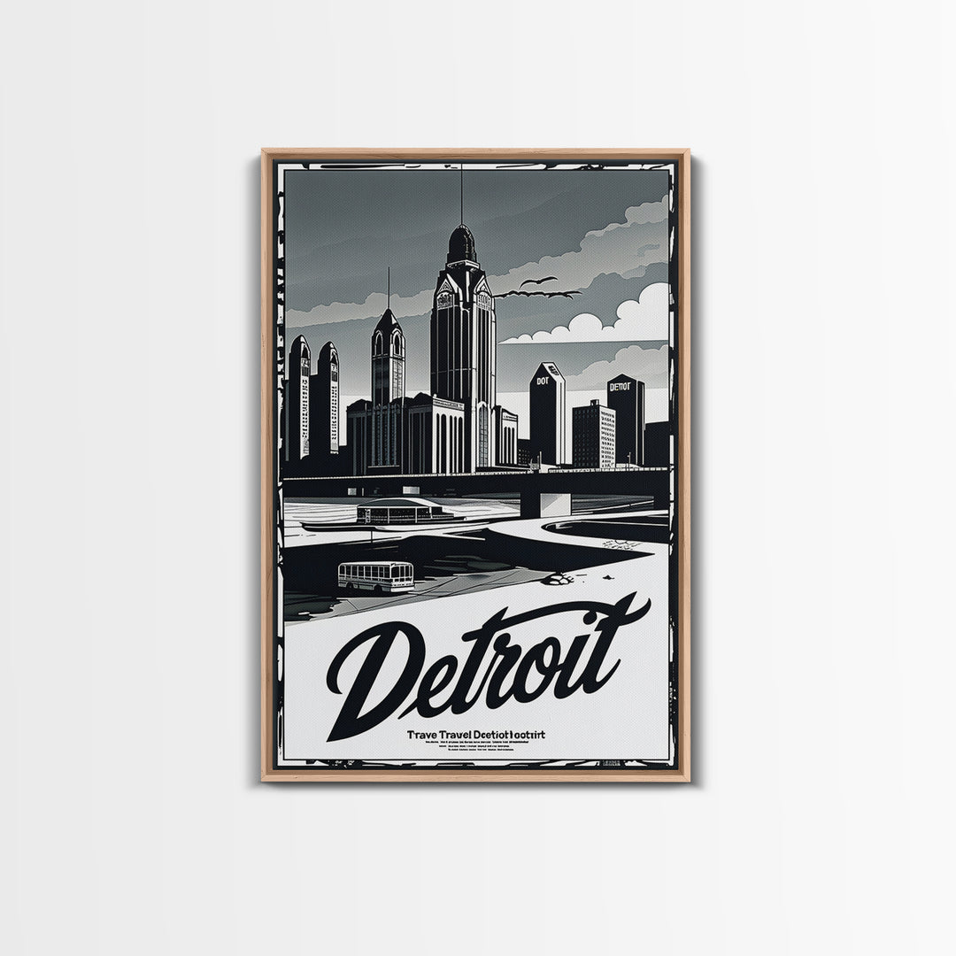 Detroit Travel Poster, Canvas Print, Dark Moody City Wall Art, Detroit Travel Art, Home Office Decor, Modern Wall Decor, Gift For Travelers