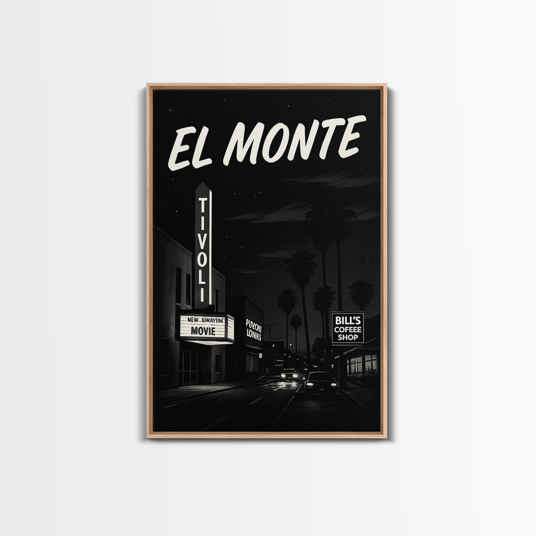 El Monte Travel Poster, Framed Canvas Print, Vintage Noir Poster Art, El Monte Wall Art, Vintage City Art, Retro Travel Print, Design 2