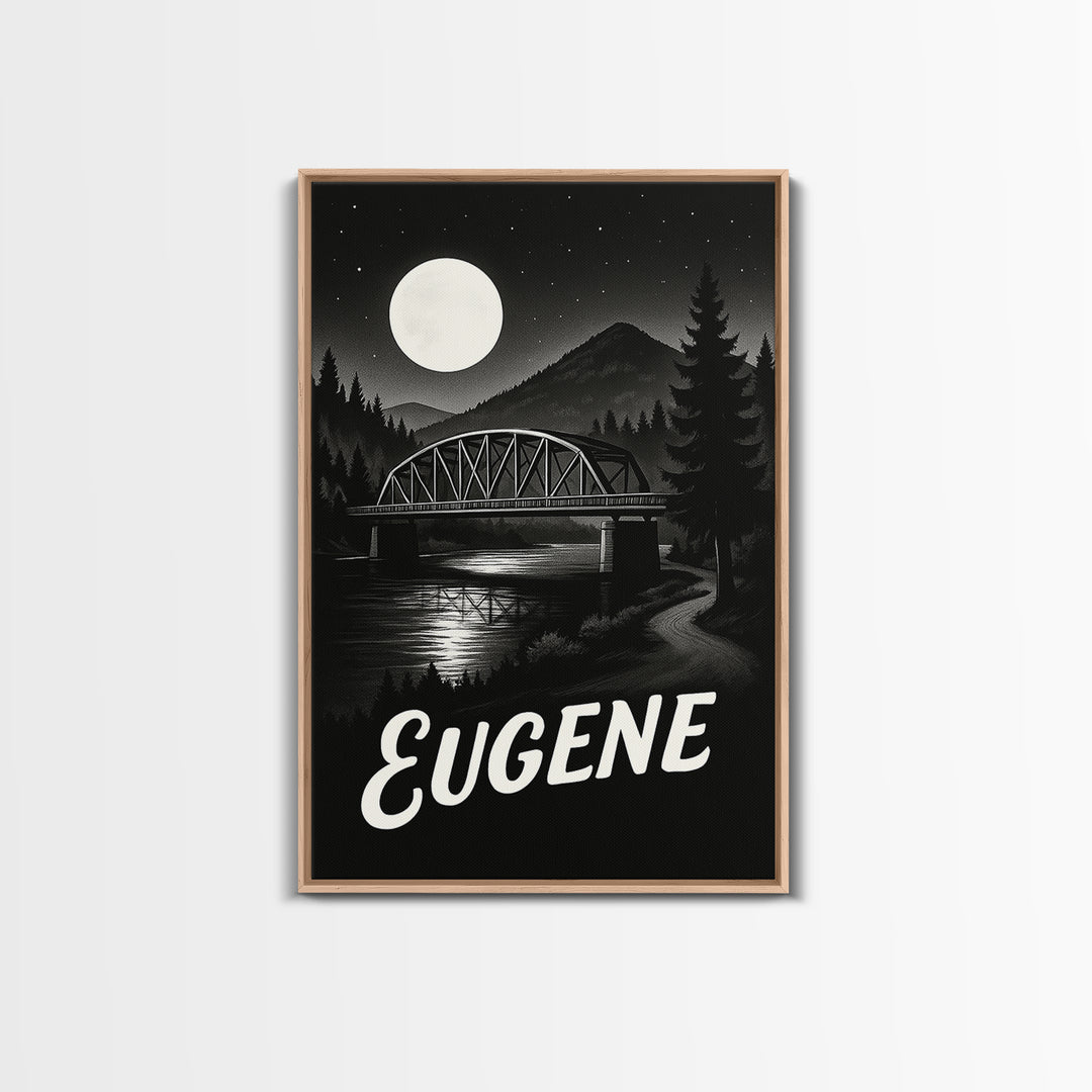 Eugene Travel Poster, Framed Canvas Print, Night Street Poster Art, Eugene Art Print, Retro Travel Print, Fine Art Print, Travel Poster Art