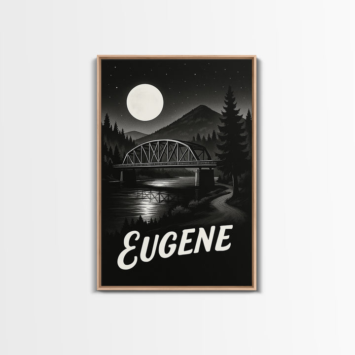 Eugene Travel Poster, Framed Canvas Print, Night Street Poster Art, Eugene Art Print, Retro Travel Print, Fine Art Print, Travel Poster Art