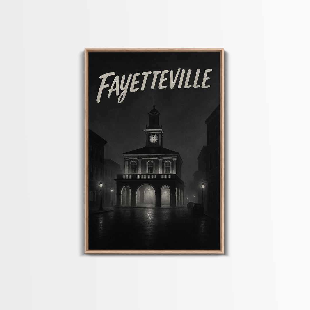 Fayeteville Travel Poster, Framed Canvas Print, Night Street Poster Art, Fayeteville Art Print, City Travel Prints, Vintage City Art