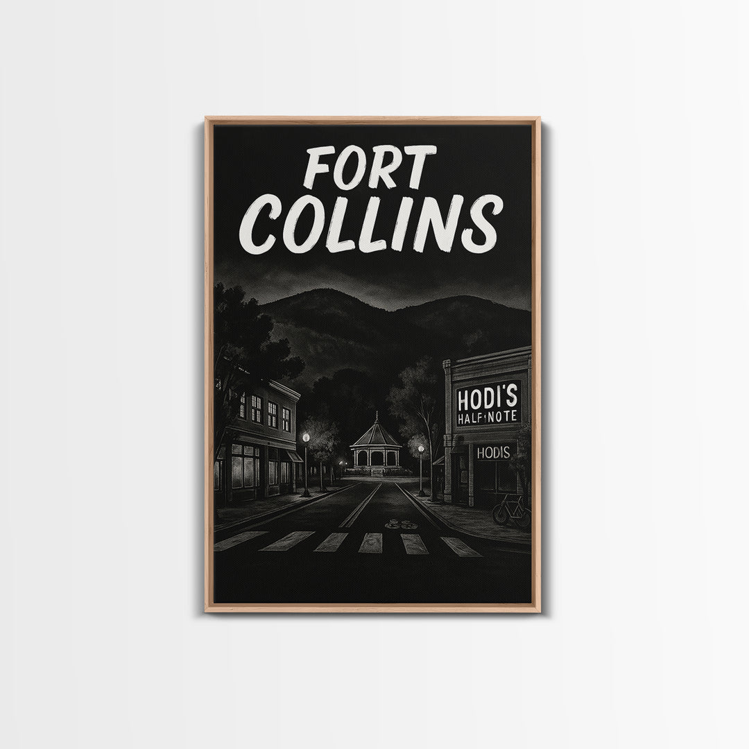 Fort Collins Travel Poster, Framed Canvas Print, Dark Moody City Wall Art, Fort Collins Travel Art, Mid Century Wall Art, Travel Art Print