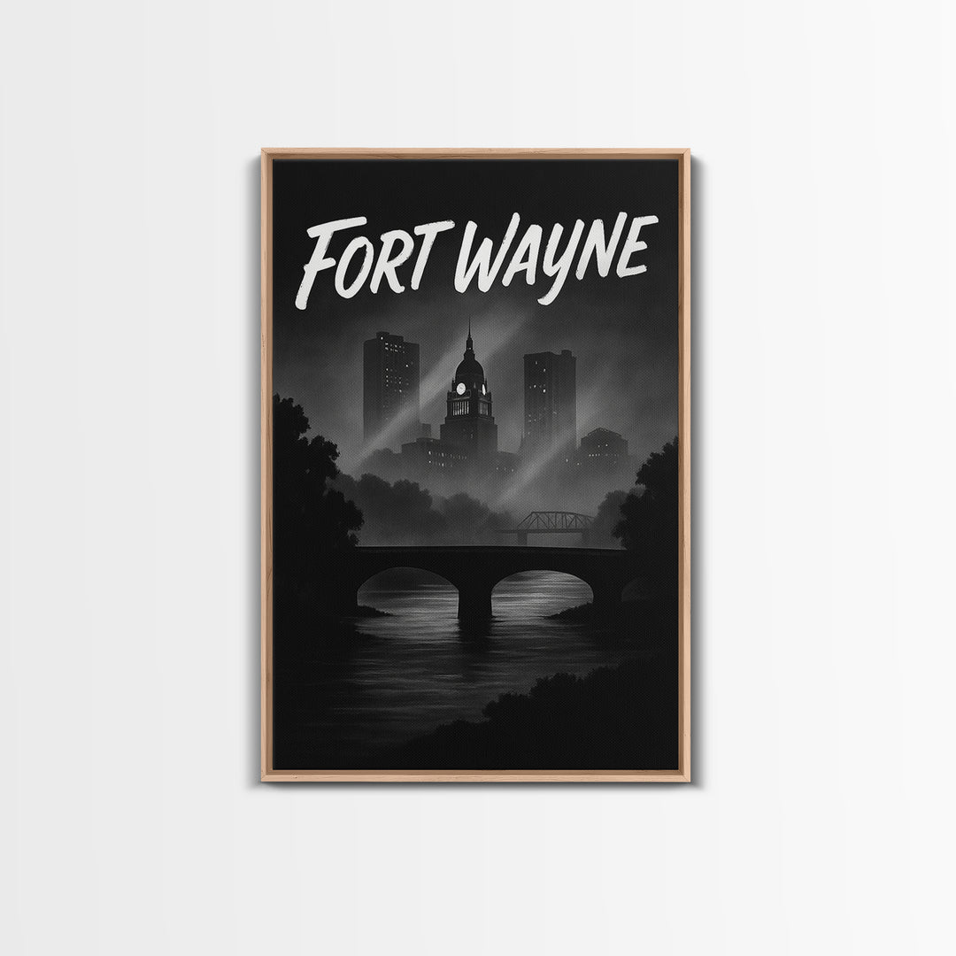 Fort Wayne Indiana Travel Poster, Canvas Print, Night Street Poster Art, Fort Wayne Wall Art, Retro Travel Print, Watercolor Urban Skyline