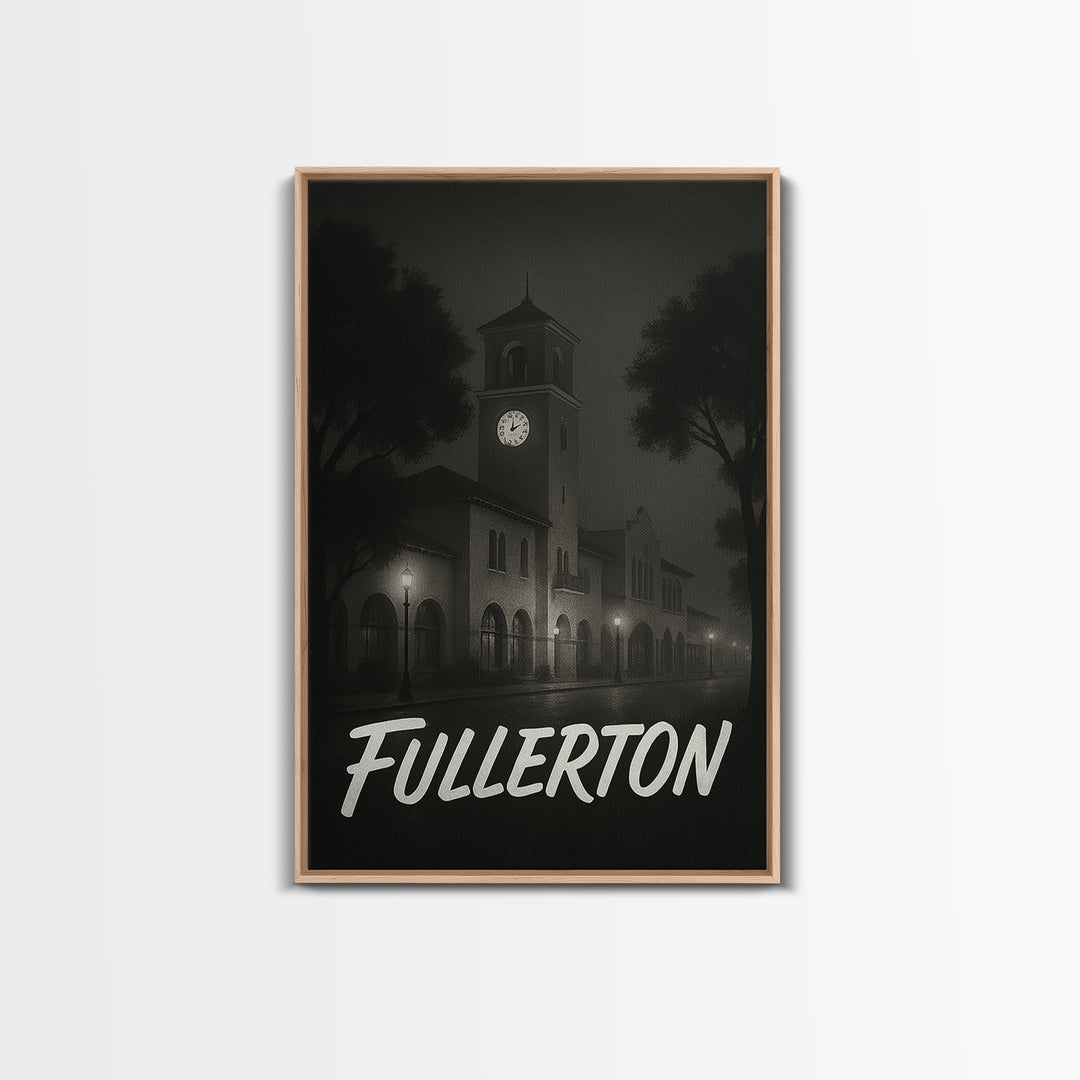 Fullerton Travel Poster, Framed Canvas Print, Dark Moody City Wall Art, Fullerton Wall Art, Eclectic Wall Decor, Modern Wall Decor