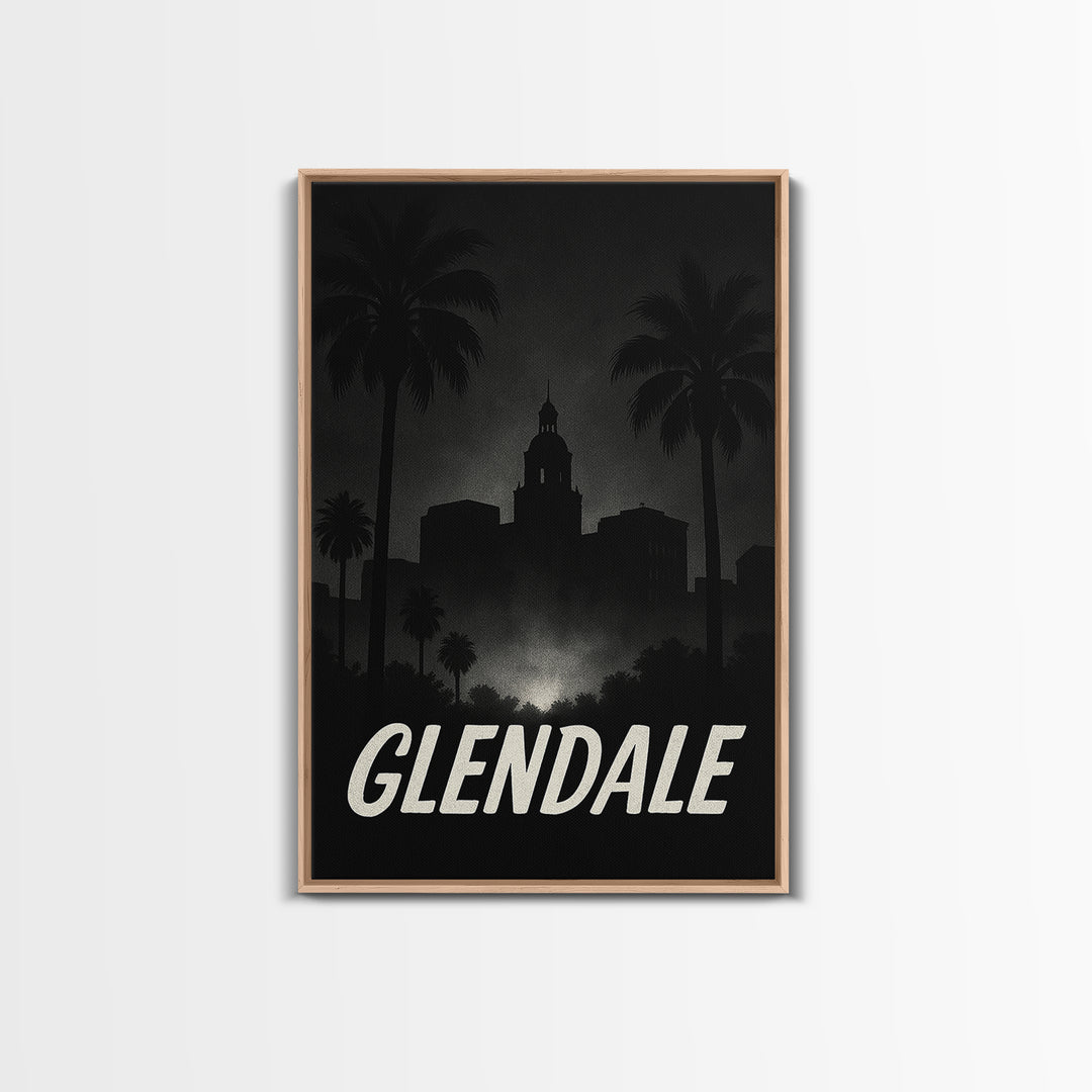 Glendale Travel Poster, Framed Canvas Print, Night Street Poster Art, Glendale Poster Print, Watercolor Skyline, City Illustration