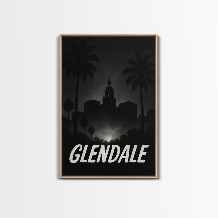 Glendale Travel Poster, Framed Canvas Print, Night Street Poster Art, Glendale Poster Print, Watercolor Skyline, City Illustration
