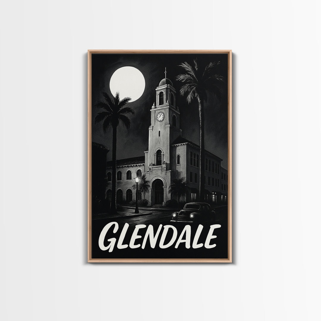 Glendale Travel Poster, Framed Canvas Print, Night Street Poster Art, Glendale City Art, Wanderlust Decor, Travel Wall Decor, Design 4