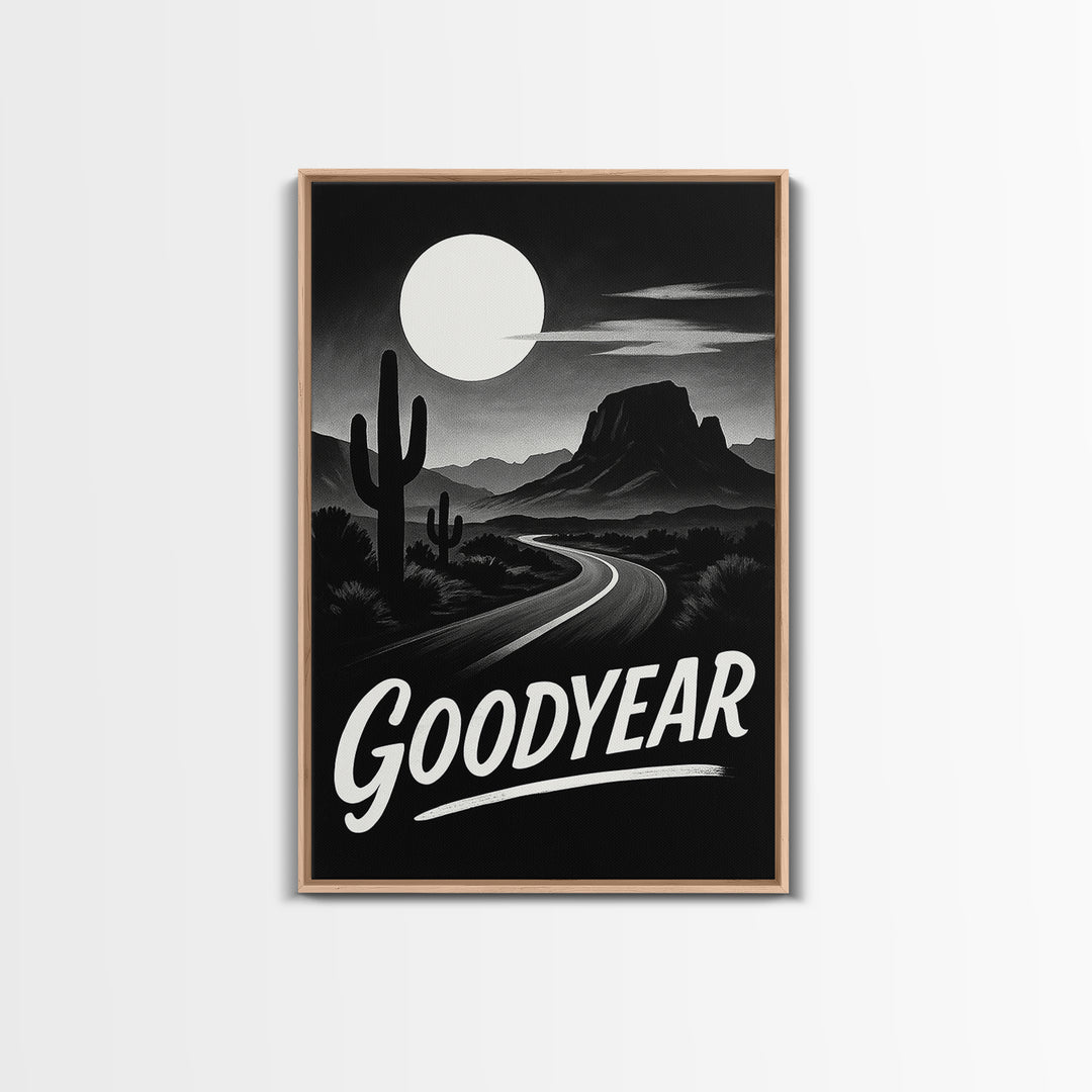 Goodyear Travel Poster, Framed Canvas Print, Vintage Noir Poster Art, Goodyear Travel Art, Living Room Wall Art, Mid Century Wall Art