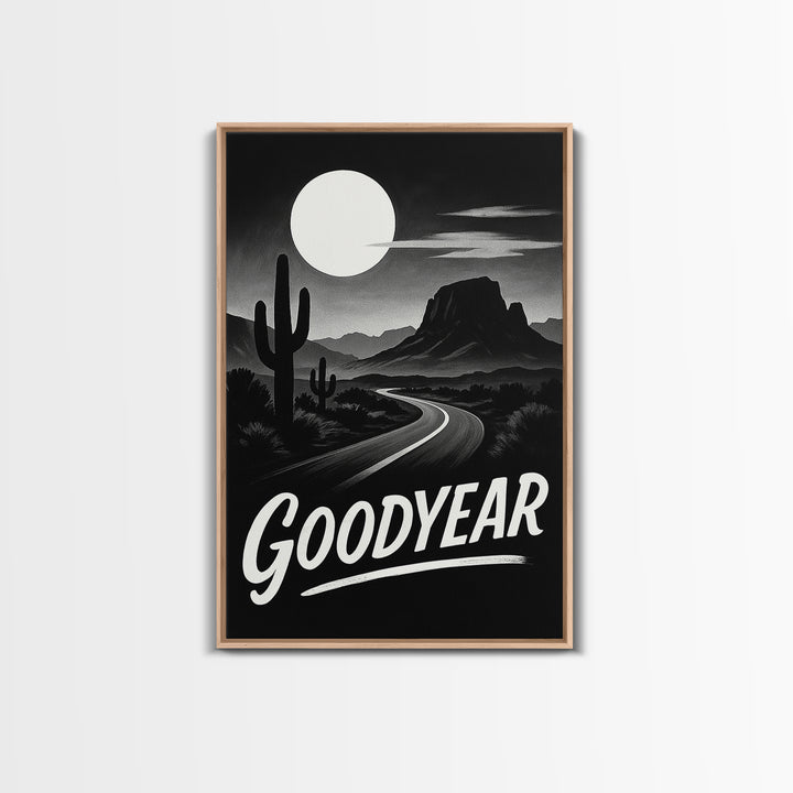 Goodyear Travel Poster, Framed Canvas Print, Vintage Noir Poster Art, Goodyear Travel Art, Living Room Wall Art, Mid Century Wall Art