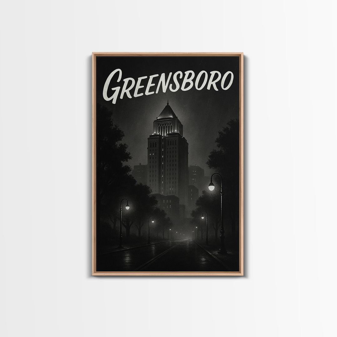 Greensboro Travel Poster, Framed Canvas Print, Black And White Travel Art, Greensboro Poster Print, Living Room Wall Art, Home Office Decor