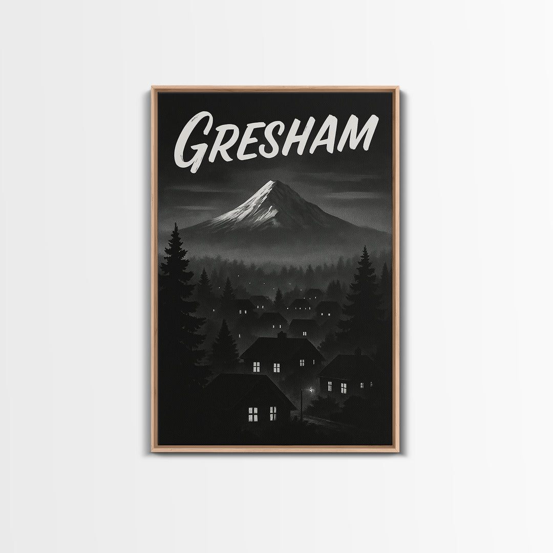 Gresham Oregon Travel Poster, Framed Canvas Print, Black And White Travel Art, Gresham City Art, Vintage City Poster, Travel Wall Art