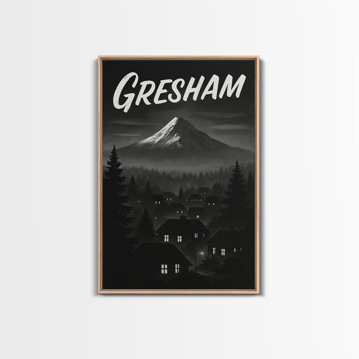 Gresham Oregon Travel Poster, Framed Canvas Print, Black And White Travel Art, Gresham City Art, Vintage City Poster, Travel Wall Art