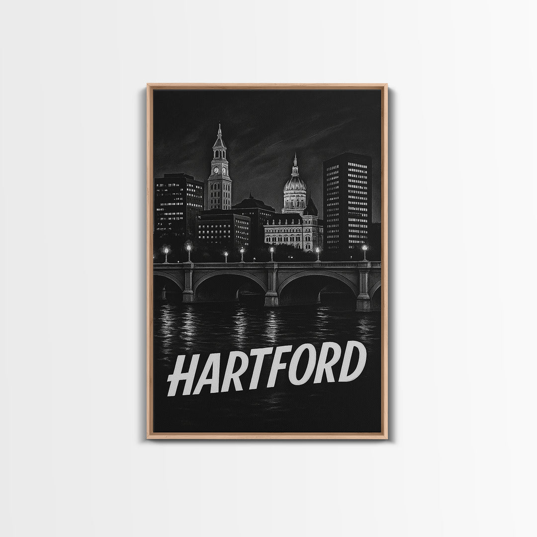 Hartford Connecticut Travel Poster, Framed Canvas Print, Dark Moody City Wall Art, Hartford Poster Print, Travel Art Print, Wanderlust Decor