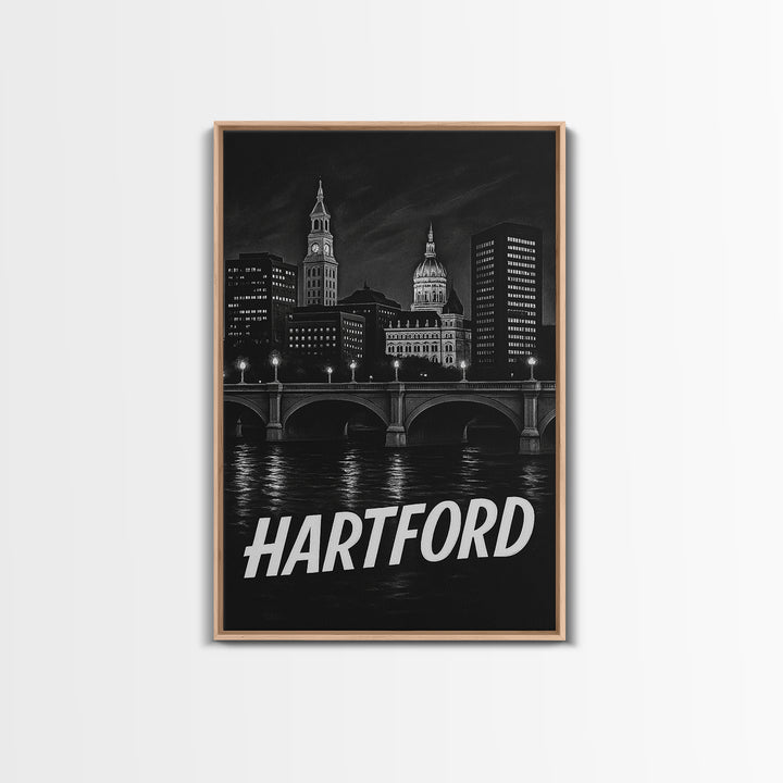 Hartford Connecticut Travel Poster, Framed Canvas Print, Dark Moody City Wall Art, Hartford Poster Print, Travel Art Print, Wanderlust Decor