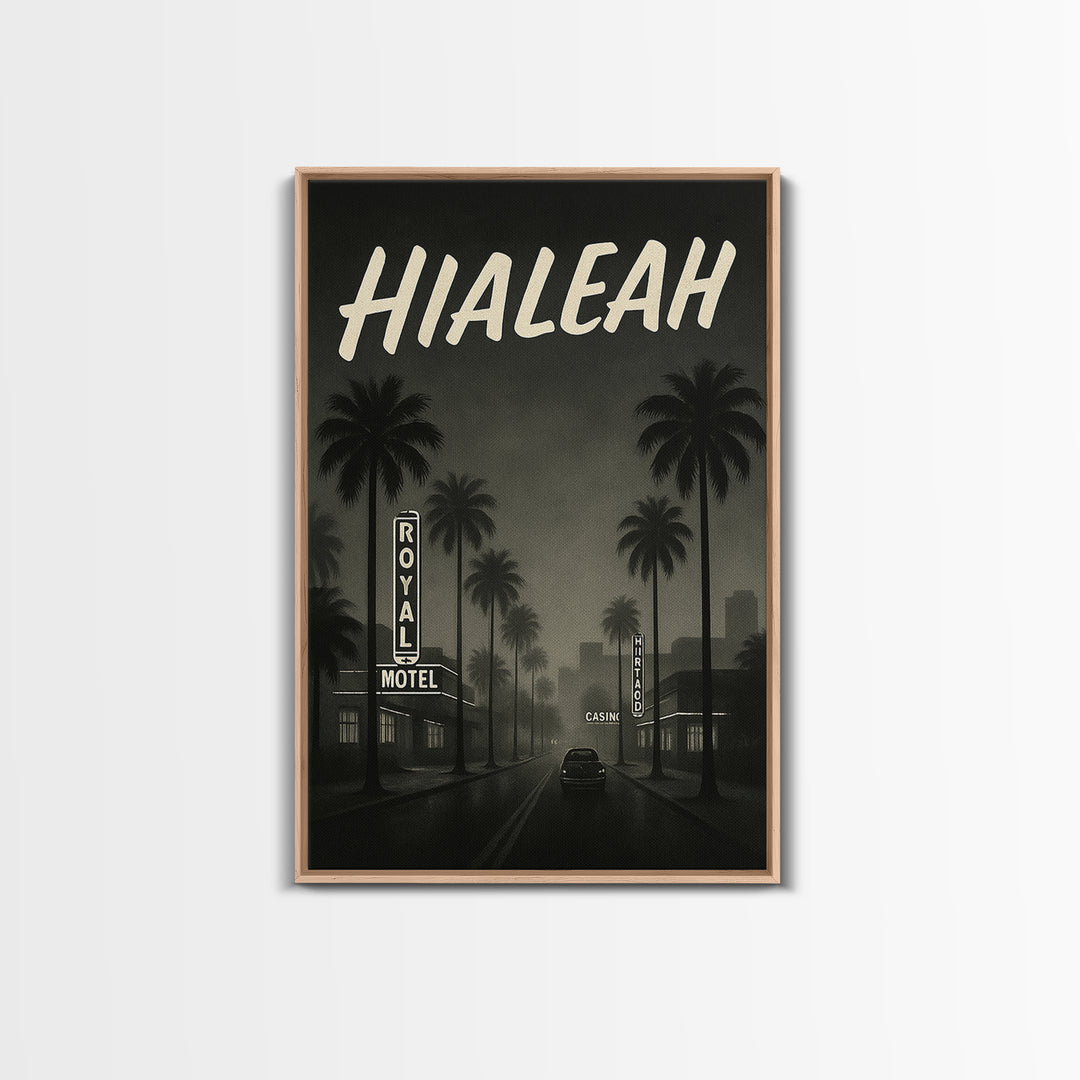 Hialeah Florida Travel Poster, Framed Canvas Print, Dark Moody City Wall Art, Hialeah Poster Print, Living Room Wall Art, Fine Art Print