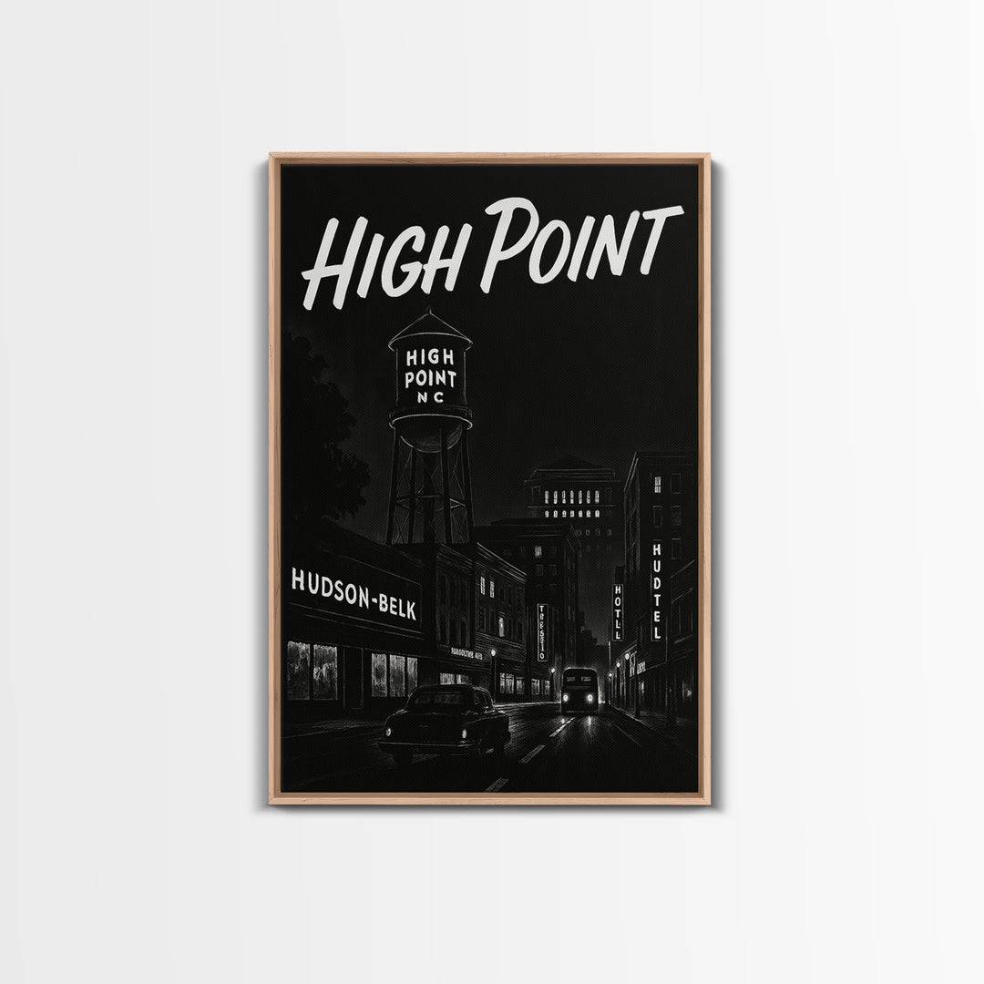 High Point Travel Poster, Framed Canvas Print, Black And White Travel Art, High Point Poster Print, Retro Travel Print, Vintage City Poster