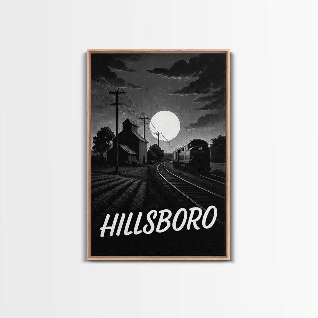 Hillsboro Travel Poster, Canvas Print, Dark Moody City Wall Art, Hillsboro Art Print, Living Room Wall Art, Vintage Travel Art