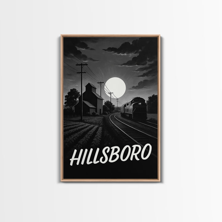 Hillsboro Travel Poster, Canvas Print, Dark Moody City Wall Art, Hillsboro Art Print, Living Room Wall Art, Vintage Travel Art