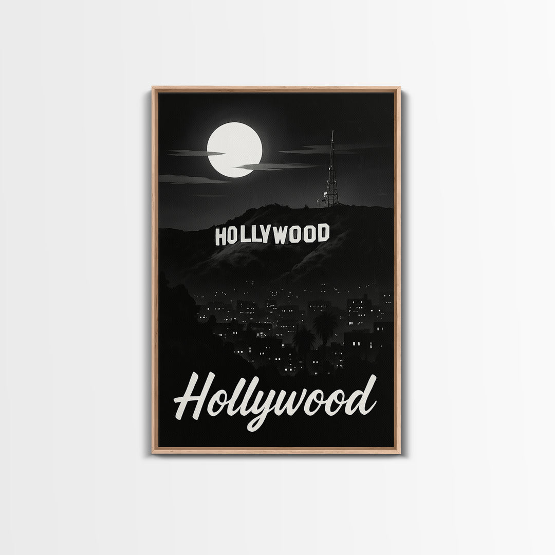 Hollywood Travel Poster, Framed Canvas Print, Night Street Poster Art, Hollywood Wall Art, Travel Poster Set, Travel Wall Art, Design 2