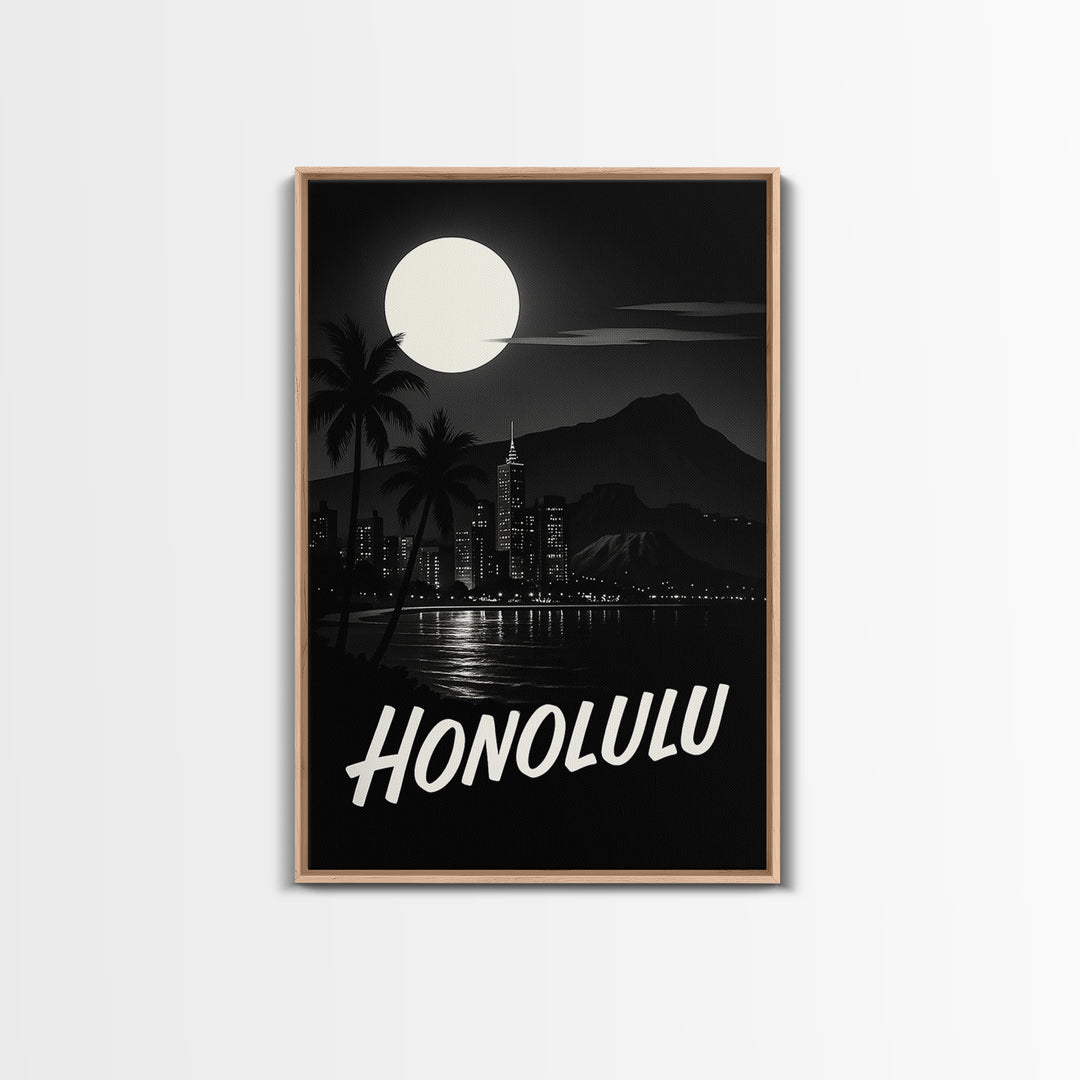 Honolulu Hawaii Travel Poster, Framed Canvas Print, Night Street Poster Art, Honolulu Travel Art, Home Office Decor, Modern Wall Decor