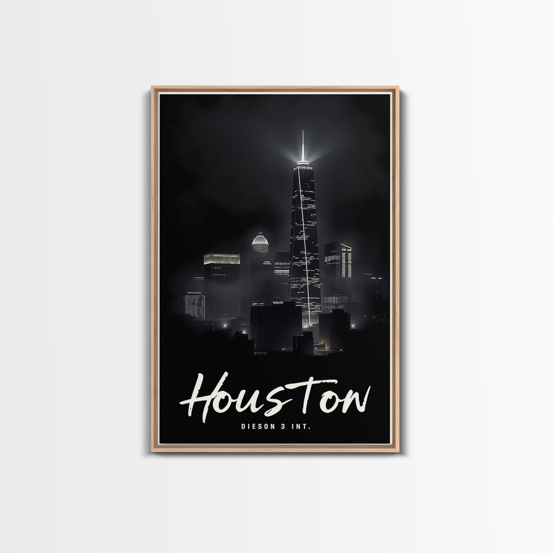 Houston Texas Travel Poster, Framed Canvas Print, Dark Moody City Wall Art, Houston City Art, Gift For Travelers, Living Room Wall Art