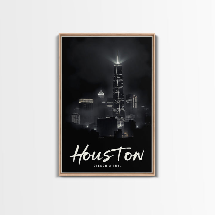 Houston Texas Travel Poster, Framed Canvas Print, Dark Moody City Wall Art, Houston City Art, Gift For Travelers, Living Room Wall Art